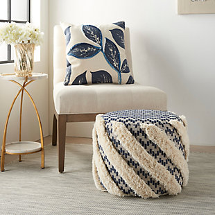 The subtle hues blend easily into the background when this pouf is not being used, but it's ready to step up when needed. Ideal for casual settings, the handcrafted cotton pouf with fringe is comfortable for sitting or resting your feet.Cover made of cotton | Polystyrene fill | Handcrafted | Zipper closure | Spot clean | Imported