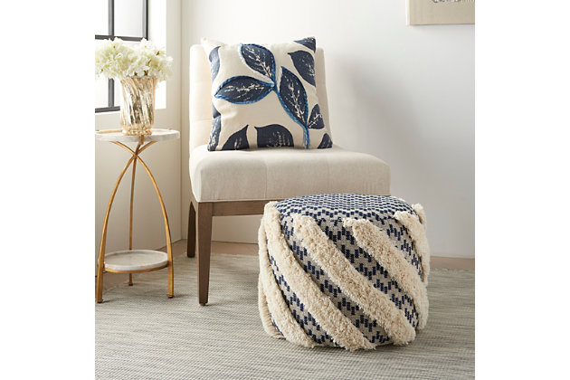 The subtle hues blend easily into the background when this pouf is not being used, but it's ready to step up when needed. Ideal for casual settings, the handcrafted cotton pouf with fringe is comfortable for sitting or resting your feet.Cover made of cotton | Polystyrene fill | Handcrafted | Zipper closure | Spot clean | Imported