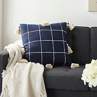 This throw pillow has a classic design and subtle shades that blend easily with most colors. With tassels on all sides for flair, the handcrafted cotton accent pillow looks great in just about any room.Cover made of cotton | Polyester fill | Handcrafted | Zipper closure | Spot clean | Imported