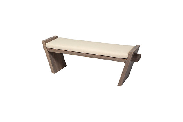 Featuring a unique frame and base crafted from premium solid wood, the Elaine I is an upholstered accent bench from the Elaine series of contemporary furniture. This stunning bench flaunts an off-white toned, perfectly cushioned seat rested atop a unique frame with angled legs. The solid mango wood base finished in a natural medium-brown tone, not only stabilizes the bench to perfection but also complements the light-toned fabric and adds to the visuals of this piece. The Elaine I, with stunning visuals and sturdy construction, makes for a great addition to spaces based on the Mercana Modern and Farmhouse design styles.      Upholstered Top  The Elaine I features a stunning, fabric cushion seat that is perfectly stuffed for a comfortable seating experience.            Sturdy Wooden Base  The stylish upholstered seat of the Elaine I is perched atop a solid mango wood frame and unique base that provides exceptional stability and balance.          Contemporary Design  The Elaine I flaunts a unique, slanted base design with clean lines and sleek silhouette that makes it a perfect fit for spaces based on the Mercana Modern design style.          No Assembly  Delivered pre-assembled, the Elaine I is ready to turn heads in your space shortly after it arrives at the door.       Featuring a unique frame and base crafted from premium solid wood, the Elaine I is an upholstered accent bench from the Elaine series of contemporary furniture | This stunning bench flaunts an off-white toned, perfectly cushioned seat rested atop a unique frame with angled legs | The solid mango wood base finished in a natural medium-brown tone, not only stabilizes the bench to perfection but also complements the light-toned fabric and adds to the visuals of this piece