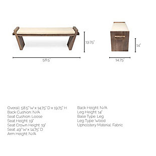 Featuring a unique frame and base crafted from premium solid wood, the Elaine I is an upholstered accent bench from the Elaine series of contemporary furniture. This stunning bench flaunts an off-white toned, perfectly cushioned seat rested atop a unique frame with angled legs. The solid mango wood base finished in a natural medium-brown tone, not only stabilizes the bench to perfection but also complements the light-toned fabric and adds to the visuals of this piece. The Elaine I, with stunning visuals and sturdy construction, makes for a great addition to spaces based on the Mercana Modern and Farmhouse design styles.      Upholstered Top  The Elaine I features a stunning, fabric cushion seat that is perfectly stuffed for a comfortable seating experience.            Sturdy Wooden Base  The stylish upholstered seat of the Elaine I is perched atop a solid mango wood frame and unique base that provides exceptional stability and balance.          Contemporary Design  The Elaine I flaunts a unique, slanted base design with clean lines and sleek silhouette that makes it a perfect fit for spaces based on the Mercana Modern design style.          No Assembly  Delivered pre-assembled, the Elaine I is ready to turn heads in your space shortly after it arrives at the door.       Featuring a unique frame and base crafted from premium solid wood, the Elaine I is an upholstered accent bench from the Elaine series of contemporary furniture | This stunning bench flaunts an off-white toned, perfectly cushioned seat rested atop a unique frame with angled legs | The solid mango wood base finished in a natural medium-brown tone, not only stabilizes the bench to perfection but also complements the light-toned fabric and adds to the visuals of this piece