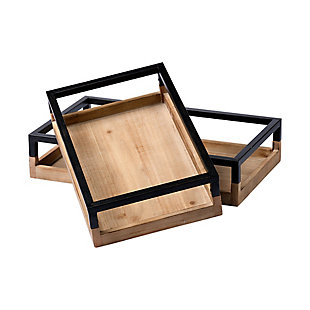 Mercana Set of Two Natural Wood And Black Metal Nesting Trays, , large