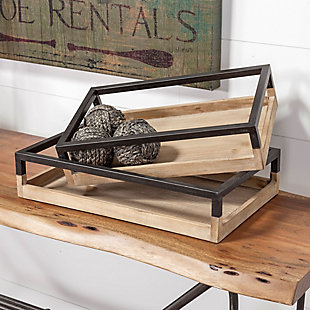 The Ross is a set of two stylish nesting trays that are meticulously crafted from naturally finished wood with matte-black metal accents. They can be used as serving trays or decorative objects and fit perfectly in spaces based on the Farmhouse and Mercana Modern design styles.The Ross is a set of two stylish nesting trays that are meticulously crafted from naturally finished wood with matte-black metal accents. | They can be used as serving trays or decorative objects and fit perfectly in spaces based on the Farmhouse and Mercana Modern design styles.