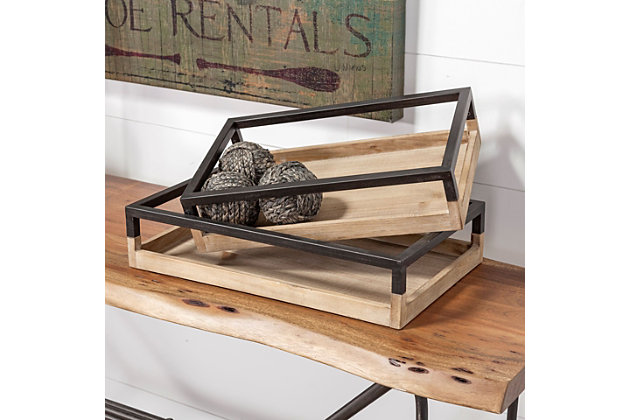 The Ross is a set of two stylish nesting trays that are meticulously crafted from naturally finished wood with matte-black metal accents. They can be used as serving trays or decorative objects and fit perfectly in spaces based on the Farmhouse and Mercana Modern design styles.The Ross is a set of two stylish nesting trays that are meticulously crafted from naturally finished wood with matte-black metal accents. | They can be used as serving trays or decorative objects and fit perfectly in spaces based on the Farmhouse and Mercana Modern design styles.