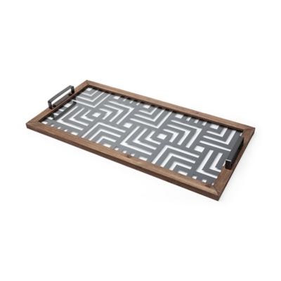 Mercana Grey Metal Wood And Glass Serving Tray, , large