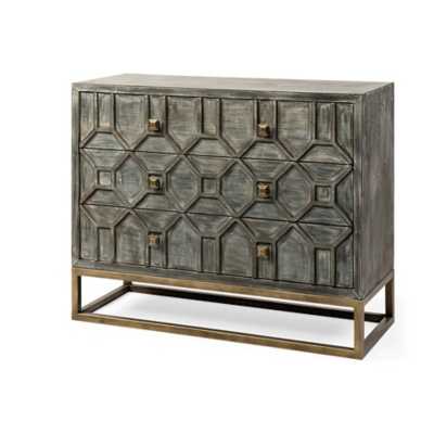 Genevieve 39L X 15.7W X 30.9H Brown Solid Wood And Brass Three Drawer Accent Cabinet, , large