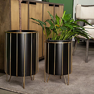 Mercana 12.8 x 20.9 Set of Two Black Metal Insert Brass Frame Plant Stands, , rollover