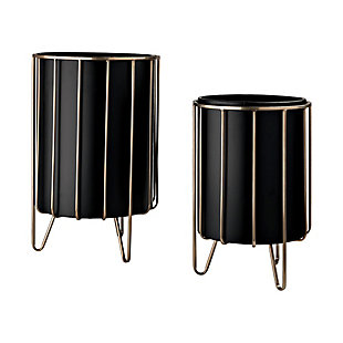 Mercana 12.8 x 20.9 Set of Two Black Metal Insert Brass Frame Plant Stands, , large