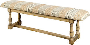 The Greenfield II is a stylish bench that features a four-legged, light-brown finished base made from solid Indian mango wood. Atop the durable mango wood top is a jute covered, perfectly padded seat with intricate patterns in shades of brown and orange. The soft wooden and fabric accents make the Greenfield II a great choice for spaces based on the Global Curiosities design style.The Greenfield II is a stylish bench that features a four-legged, light-brown finished base made from solid Indian mango wood | Atop the durable mango wood top is a jute covered, perfectly padded seat with intricate patterns in shades of brown and orange | The soft wooden and fabric accents make the Greenfield II a great choice for spaces based on the Global Curiosities design style