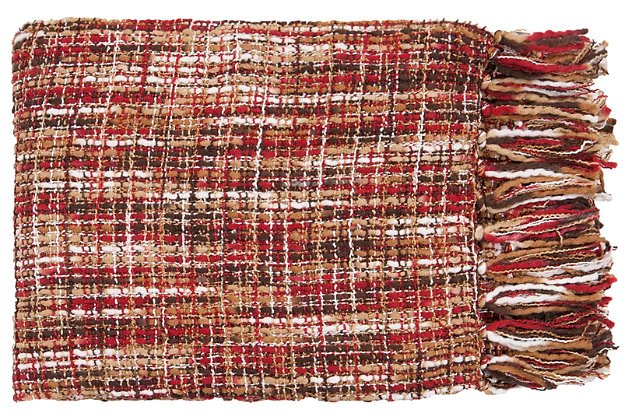 Rich, earthy color and pleasing texture commingle beautifully in this fantastic fringed throw. Perfectly imperfect weave infuses the marvelously soft material with an artisan element.Acrylic | Imported | Spot clean