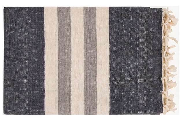 With its all-cotton construction, muted hues and askew stripes, this ultra-cool throw exudes a mood of easy elegance. Funky fringe is an artful touch.Cotton | For indoor/outdoor use | Uv resistant; water resistant | Imported | Spot clean only