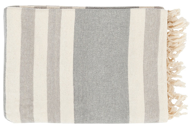 With its all-cotton construction, muted hues and askew stripes, this ultra-cool throw exudes a mood of easy elegance. Funky fringe is an artful touch.Cotton | For indoor/outdoor use | Uv resistant; water resistant | Imported | Spot clean only