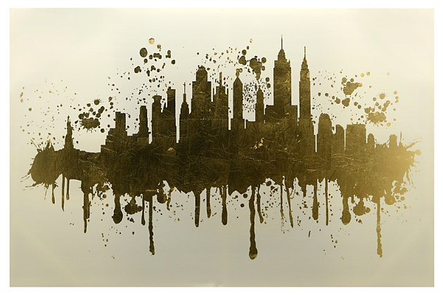 Dreaming of the “Big Apple?” Bring New York’s skyline home with this wrapped canvas wall art. Hand-applied gold leaf against a stark white background adds texture and originality.Hand-applied gold leaf on gallery wrapped canvas | Finished canvas edges | D-ring bracket hanger | Clean with a soft, dry cloth