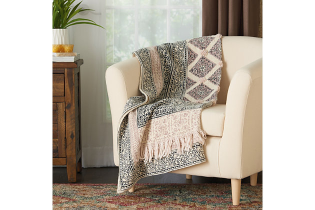 Our decorative throw blankets are a perfect layer for any couch, chair or bed. Luxurious to the touch, our throw blankets have a high-end design, look and feel. They are super soft, warm and extremely cozy. Each throw blanket is large enough to use as a blanket and stylish enough to use as an accent piece.Combination handmade and machine made | Indoor only | Spot clean | Natural | 100% cotton | Throw blanket | Imported