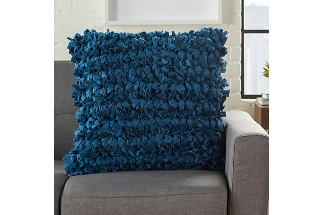 It’s groovy baby! Funky shag pillows are the easiest way to add texture and a fresh style to any room instantly. Available in earth tones or in striking, vivid colors that will suit a variety of design choices.Handmade | Indoor only | Spot clean | Navy | 61% polyester, 24% cotton, 15% rayon | Zipper closure | Imported