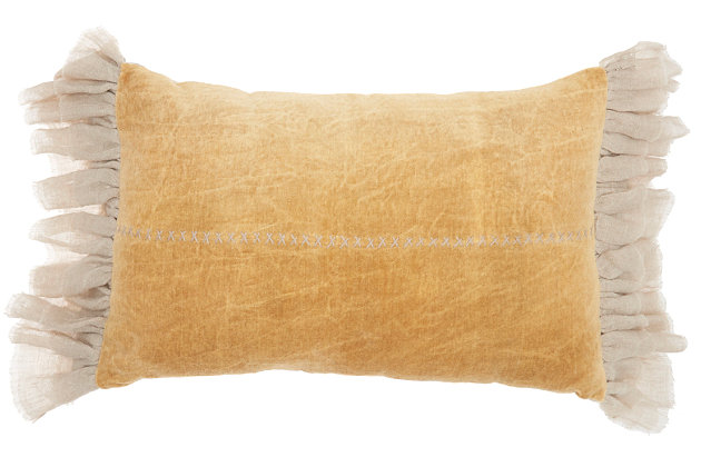 Make your space truly shine with the exciting, modern flair of the mina victory sofia collection. These beautiful throw pillows add a real sense of style and color to your favorite furniture piece with exceptional comfort and craftsmanship.Handcrafted | Indoor only | Spot clean | Yellow | Cotton velvet | Zipper closure | Imported