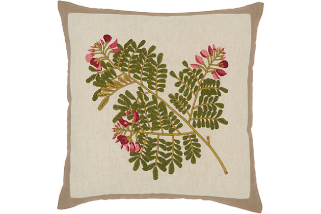 Fabulous fan-shaped fronds, in this mina victory royal palm pillow collection, are like a cool breeze on a warm tropical
evening. They are the perfect accents to refresh your decor.Machine made | Indoor only | Spot clean | Natural | 85% cotton, 15% flex | Zipper closure | Imported