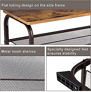 Holds up to 6 pairs of shoes; Top shelf and 2 metal mesh shelves with holes are ideal for holding bags, boots or baskets; slippers or sandals can go under bottom shelf to make full use of the floor spaceMix of shoe bench and rack | Metal frame with tube bending process | 2 metal mesh shelves with holes | Assembly required