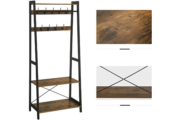The combination of a sturdy metal frame and high-strength chipboard ensures a high stability of the coat rack even when loaded with heavy winter jackets; anti-tip kit for extra support2-Tiers Storage Shelf | 9 Heavy Duty Hooks | Made of metal and engineered wood | Assembly required