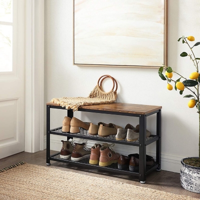 3-Tier Shoe Rack,Industrial Shoe Bench with Storage Shelves for Livingroom Brown