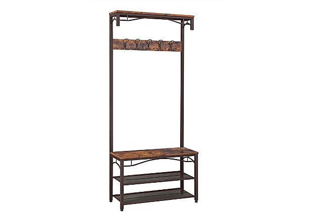 We are always available to provide professional customer service before and after your purchase, so don't wait any longer and enjoy it right nowMade of metal and engineered wood | 5 dual hooks | 2 metal mesh storage shelves | Assembly required