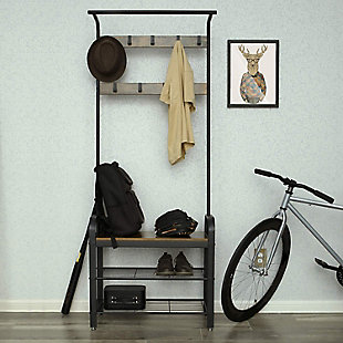 Coat rack, shoe storage, and bench all in one. With 9 hooks and a clothes rail for bags and scarves and 2 metal wire shelves for shoes, you can have a seat and be comfortable while putting on your shoes, making everything handy when you’re in a hurryMade of metal and engineered wood | 9 hooks and a clothes rail | 2 metal wire storage shelves | Assembly required