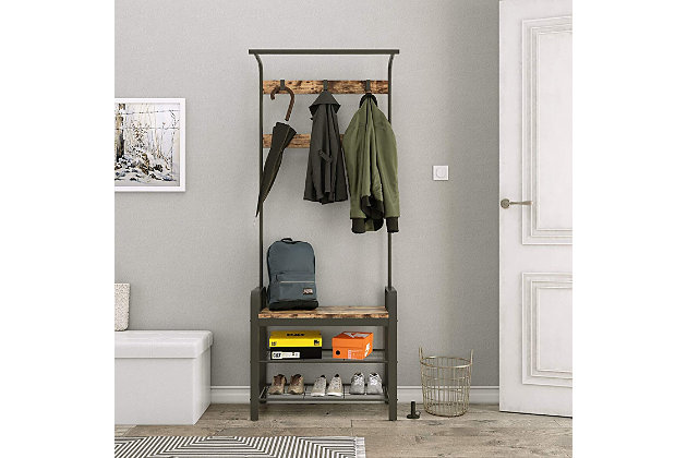Coat rack, shoe storage, and bench all in one. With 9 hooks and a clothes rail for bags and scarves and 2 metal wire shelves for shoes, you can have a seat and be comfortable while putting on your shoes, making everything handy when you’re in a hurryMade of metal and engineered wood | 9 hooks and a clothes rail | 2 metal wire storage shelves | Assembly required