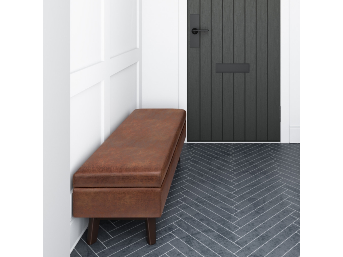 Owen Brown Faux Air Leather Modern Storage Ottoman, Distressed Saddle Brown, large