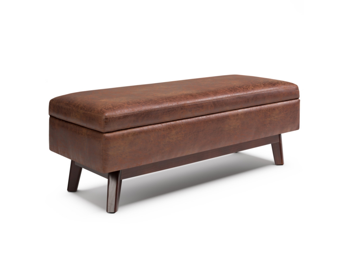 Owen Brown Faux Air Leather Modern Storage Ottoman, Distressed Saddle Brown, large