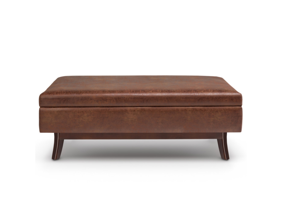 Owen Brown Faux Air Leather Modern Storage Ottoman, Distressed Saddle Brown, large