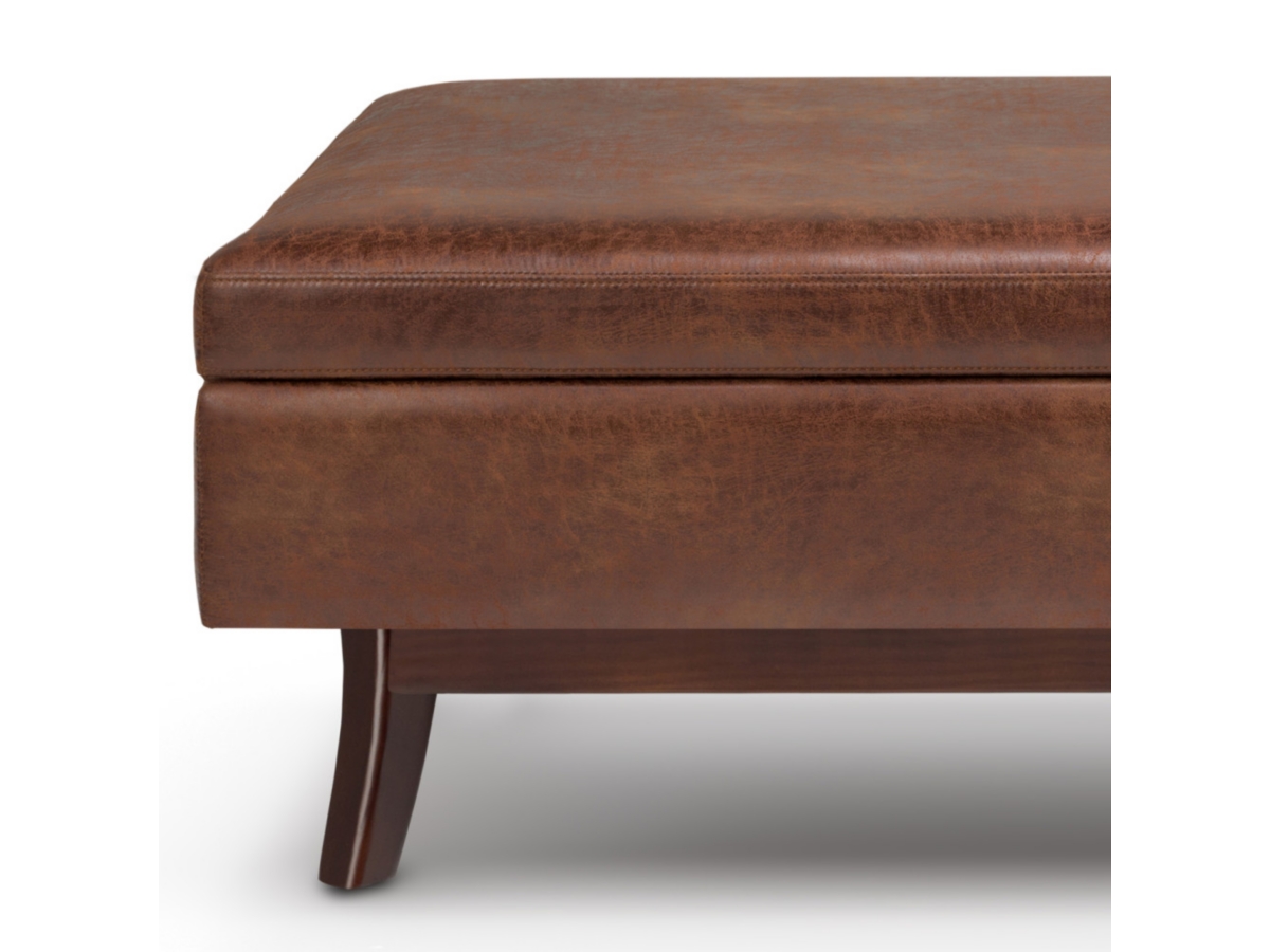 Owen Brown Faux Air Leather Modern Storage Ottoman, Distressed Saddle Brown, large