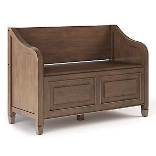 First impressions are the best impression. The Connaught Storage Bench lets your inner designer shine through. This classically styled solid wood bench  gives you added storage and seating for your entryway or mudroom. Critical to all of our benches we emphasize the importance of functionality and practical use and so the Connaught Bench features a convenient flip up lid allowing for easy retrieval of articles from the dual storage compartment below. Match this great bench with our beautiful Connaught Entryway Storage Cabinet.; Efforts are made to reproduce accurate colors, variations in color may occur due to computer monitor and photography; At Simpli Home we believe in creating excellent, high quality products made from the finest materials at an affordable price. Every one of our products come with a 1-year warranty and easy returns if you are not satisfiedDIMENSIONS: 18" D x 42" W x 29.5" H | Handcrafted with care using the finest quality solid wood | Hand-finished with a Rustic Natural Aged Brown stain and a protective NC lacquer to accentuate and highlight the grain and the uniqueness of each piece of furniture | Features lift up lid that opens using safety hinges to expose 2 large internal storage compartments, seats 2 comfortably | Multi-Functional storage bench can be used in living room, family room, bedroom and entryway | Traditional design includes vintage raised panels, notched legs and a style reminiscent of the historic British Colonial style | Assembly Required | We believe in creating excellent, high quality products made from the finest materials at an affordable price. Every one of our products come with a 1-year warranty and easy returns if you are not satisfied.