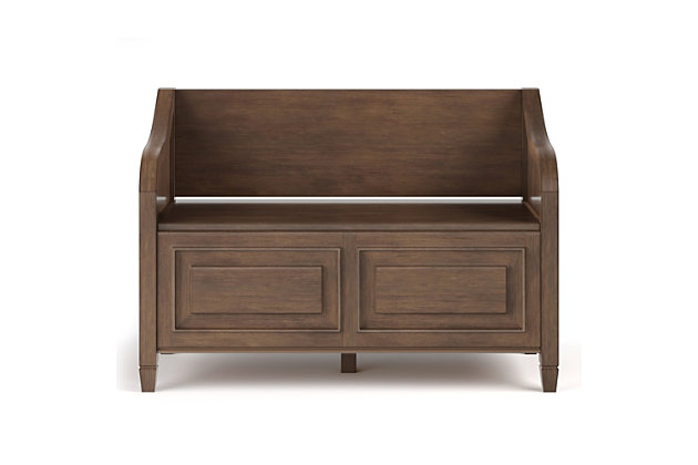 First impressions are the best impression. The Connaught Storage Bench lets your inner designer shine through. This classically styled solid wood bench  gives you added storage and seating for your entryway or mudroom. Critical to all of our benches we emphasize the importance of functionality and practical use and so the Connaught Bench features a convenient flip up lid allowing for easy retrieval of articles from the dual storage compartment below. Match this great bench with our beautiful Connaught Entryway Storage Cabinet.; Efforts are made to reproduce accurate colors, variations in color may occur due to computer monitor and photography; At Simpli Home we believe in creating excellent, high quality products made from the finest materials at an affordable price. Every one of our products come with a 1-year warranty and easy returns if you are not satisfiedDIMENSIONS: 18" D x 42" W x 29.5" H | Handcrafted with care using the finest quality solid wood | Hand-finished with a Rustic Natural Aged Brown stain and a protective NC lacquer to accentuate and highlight the grain and the uniqueness of each piece of furniture | Features lift up lid that opens using safety hinges to expose 2 large internal storage compartments, seats 2 comfortably | Multi-Functional storage bench can be used in living room, family room, bedroom and entryway | Traditional design includes vintage raised panels, notched legs and a style reminiscent of the historic British Colonial style | Assembly Required | We believe in creating excellent, high quality products made from the finest materials at an affordable price. Every one of our products come with a 1-year warranty and easy returns if you are not satisfied.