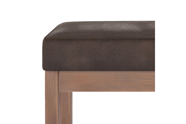 Update your living space with the Milltown Ottoman Bench. Its clean modern style will add a fresh look to your space. Made with durable, high quality Ebony Tweed Fabric for a luxurious feel. This sleek ottoman features a narrow profile which is ideal for an entryway or at the end of a bed and is available in two sizes, making it suitable for just about any room in your home.; Efforts are made to reproduce accurate colors, variations in color may occur due to computer monitor and photography; At Simpli Home we believe in creating excellent, high quality products made from the finest materials at an affordable price. Every one of our products come with a 1-year warranty and easy returns if you are not satisfiedDIMENSIONS:  14.4" D x 44.1" W x 18.3" H; Constructed using pine wood | Upholstered with Distressed Dark Brown Faux Leather | Versatile design; Simple assembly; just attach legs | Solid wood framed driftwood color ottoman base and legs; Multi-Functional can be used in living room, family room, entryway or bedroom