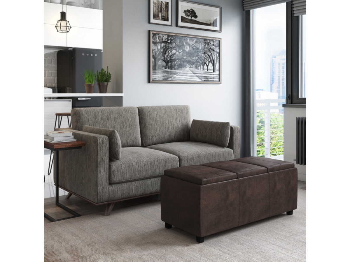 Avalon Brown Faux Air Leather Storage Ottoman, Distressed Brown, large