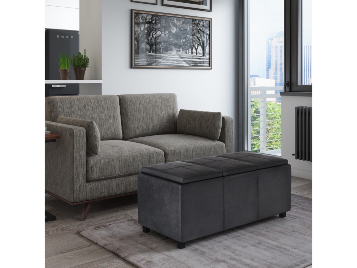 Avalon Black Faux Air Leather Storage Ottoman, Black, large