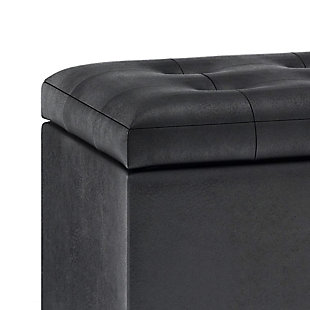 Why sacrifice function for beauty. For a stylish solution to your storage needs, look no further than the Cosmopolitan Rectangular Storage Ottoman. The unit is made from durable Faux Leather or Fabrics and is extra strong and durable featuring a beautiful tufted exterior and large storage interior. Whether you use this ottoman in your entryway, living room, family room, basement or bedroom, it will allow you to hide away all that mess.; Efforts are made to reproduce accurate colors, variations in color may occur due to computer monitor and photography; At Simpli Home we believe in creating excellent, high quality products made from the finest materials at an affordable price. Every one of our products come with a 1-year warranty and easy returns if you are not satisfiedDIMENSIONS:  17.3" D x 33.5" W x 18.5" H | Hand constructed using solid wood, engineered wood and high density foam | Upholstered with a durable Distressed Black Faux Leather | Features large interior storage space with child safety hinge to prevent lid slamming | Multi-functional ottoman can be used in bedroom, living room, family room, hallway as an entryway bench, foot stool, accent furniture or provide additional sitting | Transitional design includes tufted top and stitching detail | Simple assembly; just attach legs | We believe in creating excellent, high quality products made from the finest materials at an affordable price. Every one of our products come with a 1-year warranty and easy returns if you are not satisfied.