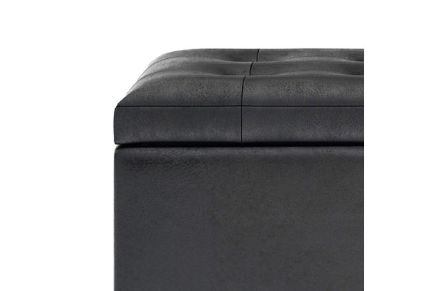Why sacrifice function for beauty. For a stylish solution to your storage needs, look no further than the Cosmopolitan Rectangular Storage Ottoman. The unit is made from durable Faux Leather or Fabrics and is extra strong and durable featuring a beautiful tufted exterior and large storage interior. Whether you use this ottoman in your entryway, living room, family room, basement or bedroom, it will allow you to hide away all that mess.; Efforts are made to reproduce accurate colors, variations in color may occur due to computer monitor and photography; At Simpli Home we believe in creating excellent, high quality products made from the finest materials at an affordable price. Every one of our products come with a 1-year warranty and easy returns if you are not satisfiedDIMENSIONS:  17.3" D x 33.5" W x 18.5" H | Hand constructed using solid wood, engineered wood and high density foam | Upholstered with a durable Distressed Black Faux Leather | Features large interior storage space with child safety hinge to prevent lid slamming | Multi-functional ottoman can be used in bedroom, living room, family room, hallway as an entryway bench, foot stool, accent furniture or provide additional sitting | Transitional design includes tufted top and stitching detail | Simple assembly; just attach legs | We believe in creating excellent, high quality products made from the finest materials at an affordable price. Every one of our products come with a 1-year warranty and easy returns if you are not satisfied.