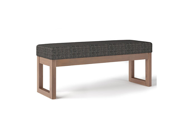 Update your living space with the Milltown Ottoman Bench. Its clean modern style will add a fresh look to your space. Made with durable, high quality Ebony Tweed Fabric for a luxurious feel. This sleek ottoman features a narrow profile which is ideal for an entryway or at the end of a bed and is available in two sizes, ma it suitable for just about any room in your home.; Efforts are made to reproduce accurate colors, variations in color may occur due to computer monitor and photography; At Simpli Home we believe in creating excellent, high quality products made from the finest materials at an affordable price. Every one of our products come with a 1-year warranty and easy returns if you are not satisfiedDIMENSIONS: 14.4" D x 44.1" W x 18.3" H; Constructed using pine wood | Upholstered with Ebony Tweed Fabric | Versatile design; Simple assembly; just attach legs | Solid wood framed driftwood color ottoman base and legs; Multi-Functional can be used in living room, family room, entryway or bedroom