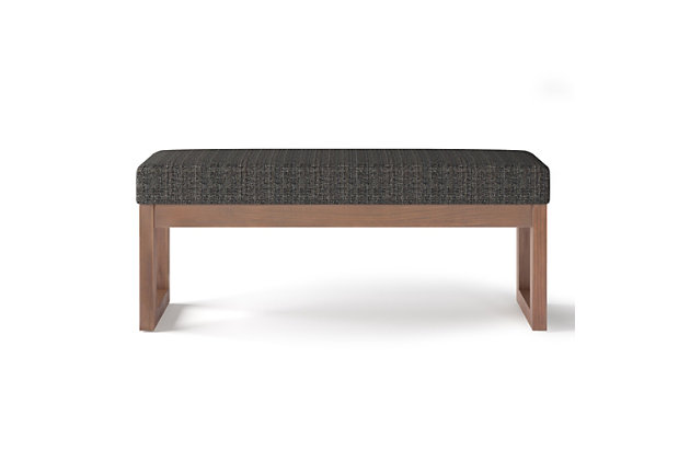Update your living space with the Milltown Ottoman Bench. Its clean modern style will add a fresh look to your space. Made with durable, high quality Ebony Tweed Fabric for a luxurious feel. This sleek ottoman features a narrow profile which is ideal for an entryway or at the end of a bed and is available in two sizes, ma it suitable for just about any room in your home.; Efforts are made to reproduce accurate colors, variations in color may occur due to computer monitor and photography; At Simpli Home we believe in creating excellent, high quality products made from the finest materials at an affordable price. Every one of our products come with a 1-year warranty and easy returns if you are not satisfiedDIMENSIONS: 14.4" D x 44.1" W x 18.3" H; Constructed using pine wood | Upholstered with Ebony Tweed Fabric | Versatile design; Simple assembly; just attach legs | Solid wood framed driftwood color ottoman base and legs; Multi-Functional can be used in living room, family room, entryway or bedroom