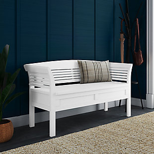 Let your inner designer shine through with this exceptional sculptural entryway bench. The Arlington Storage Bench, made from solid wood, was designed to make an powerful first impression. This stylish bench was designed to be functional as well as beautiful and comes with added storage and seating for your entryway or mudroom. The bench features a convenient flip up lid allowing for easy retrieval of articles from the dual storage compartment below.; Efforts are made to reproduce accurate colors, variations in color may occur due to computer monitor and photography; At Simpli Home we believe in creating excellent, high quality products made from the finest materials at an affordable price. Every one of our products come with a 1-year warranty and easy returns if you are not satisfiedDIMENSIONS: 18"D x 49" W x 27.4"H; Handcrafted with care using the finest quality solid wood | Hand-finished in White with a protective NC lacquer | Large, spacious entryway bench seats 2 comfortably; Assembly required | Lift up bench lid opens using safety hinges to expose 2 large internal storage compartments; Contemporary style includes shaker square front panels and slatted arms and back