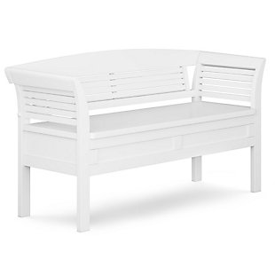 Let your inner designer shine through with this exceptional sculptural entryway bench. The Arlington Storage Bench, made from solid wood, was designed to make an powerful first impression. This stylish bench was designed to be functional as well as beautiful and comes with added storage and seating for your entryway or mudroom. The bench features a convenient flip up lid allowing for easy retrieval of articles from the dual storage compartment below.; Efforts are made to reproduce accurate colors, variations in color may occur due to computer monitor and photography; At Simpli Home we believe in creating excellent, high quality products made from the finest materials at an affordable price. Every one of our products come with a 1-year warranty and easy returns if you are not satisfiedDIMENSIONS: 18"D x 49" W x 27.4"H; Handcrafted with care using the finest quality solid wood | Hand-finished in White with a protective NC lacquer | Large, spacious entryway bench seats 2 comfortably; Assembly required | Lift up bench lid opens using safety hinges to expose 2 large internal storage compartments; Contemporary style includes shaker square front panels and slatted arms and back