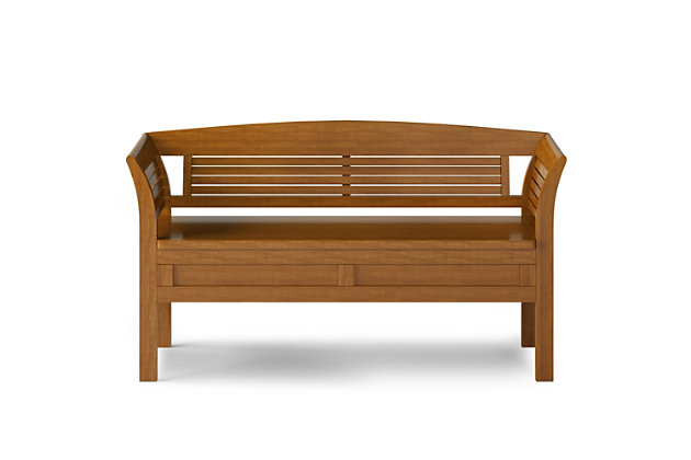 Let your inner designer shine through with this exceptional sculptural entryway bench. The Arlington Storage Bench, made from solid wood, was designed to make an powerful first impression. This stylish bench was designed to be functional as well as beautiful and comes with added storage and seating for your entryway or mudroom. The bench features a convenient flip up lid allowing for easy retrieval of articles from the dual storage compartment below.; Efforts are made to reproduce accurate colors, variations in color may occur due to computer monitor and photography; At Simpli Home we believe in creating excellent, high quality products made from the finest materials at an affordable price. Every one of our products come with a 1-year warranty and easy returns if you are not satisfiedDIMENSIONS: 18"D x 49" W x 27.4"H; Handcrafted with care using the finest quality solid wood | Hand-finished in Light Golden Brown and a protective NC lacquer to accentuate and highlight the grain and the uniqueness of each piece of furniture | Large, spacious entryway bench seats 2 comfortably; Assemby Required | Lift up bench lid opens using safety hinges to expose 2 large internal storage compartments; Contemporary style includes shaker square front panels and slatted arms and back