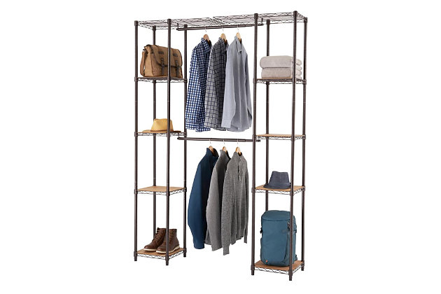 TRINITY's Expandable Closet Organizer is the perfect addition to any closet or living space. This expandable, free-standing closet system comes with adjustable hanging rods for suits and/or dresses. The closet organizer comes with (2) adjustable hanging bars and fits closet widths ranging from 56" - 78" , and (8) adjustable shelves with bamboo boards.Wood and Metal | Dark bronze powder coated finish | Eight 13.5" W x 13.5" D bamboo boards; Prevents creases on clothing; Allows for storage of smaller items | Two 28" W x 14" D large shelves; 20 lb per shelf | Eight 14" W x 14" D small shelves; 20 lb per shelf | Two adjustable hanging rods; Expands from (27" W - 51" W); 30 lb per hanging rod (fully expanded) | 60 lb per hanging rod (none expanded)
Closet organizer adjust from (56" W - 78" W) | Weight capacity (evenly distributed); 150 lb total weight capacity (per tower); 230 lb total weight capacity (fully expanded); 260 lb total weight capacity (none expanded) | Shelves adjustable in 1"  increments | Easy, no tool assembly