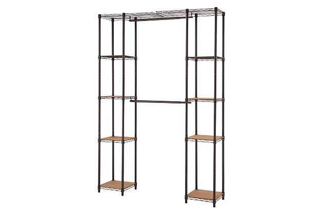 TRINITY's Expandable Closet Organizer is the perfect addition to any closet or living space. This expandable, free-standing closet system comes with adjustable hanging rods for suits and/or dresses. The closet organizer comes with (2) adjustable hanging bars and fits closet widths ranging from 56" - 78" , and (8) adjustable shelves with bamboo boards.Wood and Metal | Dark bronze powder coated finish | Eight 13.5" W x 13.5" D bamboo boards; Prevents creases on clothing; Allows for storage of smaller items | Two 28" W x 14" D large shelves; 20 lb per shelf | Eight 14" W x 14" D small shelves; 20 lb per shelf | Two adjustable hanging rods; Expands from (27" W - 51" W); 30 lb per hanging rod (fully expanded) | 60 lb per hanging rod (none expanded)
Closet organizer adjust from (56" W - 78" W) | Weight capacity (evenly distributed); 150 lb total weight capacity (per tower); 230 lb total weight capacity (fully expanded); 260 lb total weight capacity (none expanded) | Shelves adjustable in 1"  increments | Easy, no tool assembly