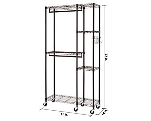 TRINITY's Mobile Closet Organizer is the perfect addition to any closet or living space. This mobile, free-standing closet system comes with (2) hanging rods for suits and/or dresses, (5) adjustable shelves and adjustable sidebar with hooks to hold your accessories.Metal | Dark bronze powder coated finish | (2) - 41" W x 14" D shelves; 60 lb per shelf | (1) - 28" W x 14" D shelves; 40 lb per shelf | (2) - 14" W x 14" D shelves; 25 lb per shelf | (2) - Hanging rods; 40 lb per hanging rod | (1) - Sidebar w/ hooks; 10 lb total weight capacity | Weight capacity on wheels (evenly distributed); 300 lb total weight capacity | Six 3"  x 1"  swivel wheels; (2) locking, (4) non-locking; Shelves and sidebar adjustable in 1"  increments | Easy, no tool assembly