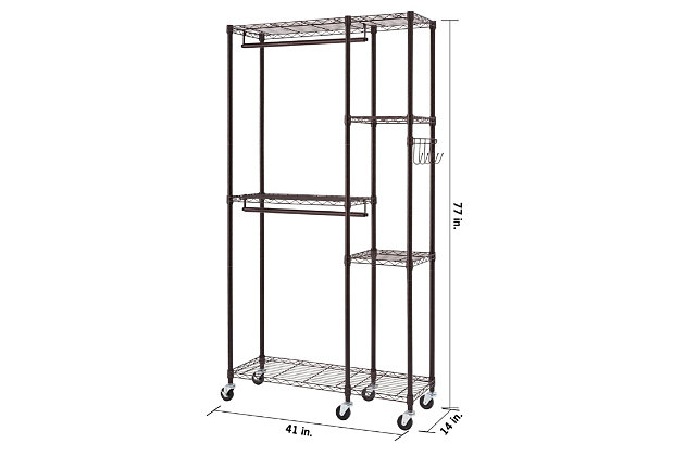 TRINITY's Mobile Closet Organizer is the perfect addition to any closet or living space. This mobile, free-standing closet system comes with (2) hanging rods for suits and/or dresses, (5) adjustable shelves and adjustable sidebar with hooks to hold your accessories.Metal | Dark bronze powder coated finish | (2) - 41" W x 14" D shelves; 60 lb per shelf | (1) - 28" W x 14" D shelves; 40 lb per shelf | (2) - 14" W x 14" D shelves; 25 lb per shelf | (2) - Hanging rods; 40 lb per hanging rod | (1) - Sidebar w/ hooks; 10 lb total weight capacity | Weight capacity on wheels (evenly distributed); 300 lb total weight capacity | Six 3"  x 1"  swivel wheels; (2) locking, (4) non-locking; Shelves and sidebar adjustable in 1"  increments | Easy, no tool assembly