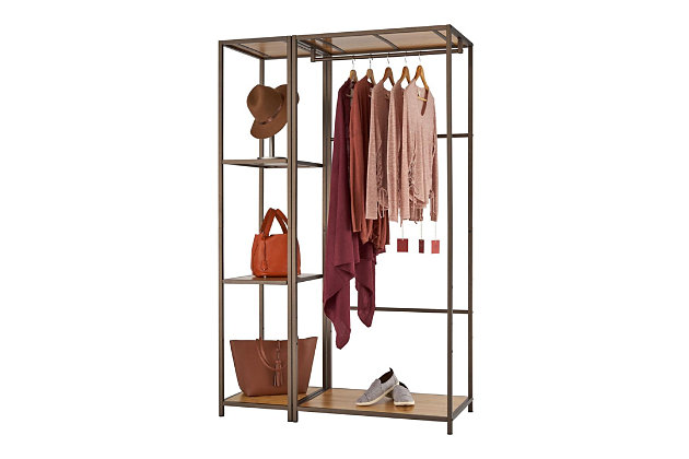 TRINITY's 2-Piece Modular Bamboo Closet Organizer provides additional clothing storage with a sturdy and functional design.  The clean modern lines with bronze anthracite finish and bamboo shelves makes this perfect to blend with a variety of decors.  The modular design can be used individually or expanded by adding the Bamboo Garment Racks or 4-Tier Bamboo Shelving Towers.Wood and Metal  | Bronze Anthracite®; Textured duo-tone finish with a modern touch for your indoor spaces | Bamboo Garment Rack; Bronze Anthracite; two 28.4"  x 20"  fixed bamboo shelves; 75 lb weight capacity | Solid bamboo board;  Hanging rod; 50 lb weight capacity | Weight capacity on feet levelers (evenly distributed); 200 lb total weight | 4-Tier Bamboo Shelving Rack - Bronze Anthracite; four anti-tipping anchors | Two 13.4"  x 20"  fixed bamboo shelves; 50 lb weight capacity | Two 13.4"  x 20"  adjustable bamboo shelves; 50 lb weight capacity | Shelves adjustable in 11"  increments; Weight capacity on feet levelers (evenly distributed); 200 lb total weight | Easy, no tool assembly