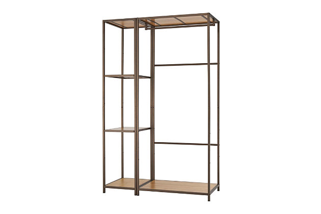 TRINITY's 2-Piece Modular Bamboo Closet Organizer provides additional clothing storage with a sturdy and functional design.  The clean modern lines with bronze anthracite finish and bamboo shelves makes this perfect to blend with a variety of decors.  The modular design can be used individually or expanded by adding the Bamboo Garment Racks or 4-Tier Bamboo Shelving Towers.Wood and Metal  | Bronze Anthracite®; Textured duo-tone finish with a modern touch for your indoor spaces | Bamboo Garment Rack; Bronze Anthracite; two 28.4"  x 20"  fixed bamboo shelves; 75 lb weight capacity | Solid bamboo board;  Hanging rod; 50 lb weight capacity | Weight capacity on feet levelers (evenly distributed); 200 lb total weight | 4-Tier Bamboo Shelving Rack - Bronze Anthracite; four anti-tipping anchors | Two 13.4"  x 20"  fixed bamboo shelves; 50 lb weight capacity | Two 13.4"  x 20"  adjustable bamboo shelves; 50 lb weight capacity | Shelves adjustable in 11"  increments; Weight capacity on feet levelers (evenly distributed); 200 lb total weight | Easy, no tool assembly