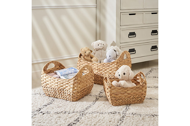 Amelia 3-piece Stackable Rectangular Hand-woven Water Hyacinth Storage Basket Set is your kitchen and bathroom solution. The product can be used for holding fruits, food, kitchen stuff,  bathroom stuff, and more. Hand-woven from 100% natural Water Hyacinth which is soft and supple, with thick braids, flat & fish bone bottom weave, sturdy rustproof iron frame, it's strong and durable. The baskets is featured with hole handles which make it easy to move from room to room. Its natural golden and toffee-colored color also offers a natural feel, minimalist style that can easily coordinate with your rustic or vintage home decor. Using natural Water Hyacinth products is also eco-friendly and helps to save our environment.Can be used for holding fruits, food,  organizing kitchen stuff, bathroom stuff, and more | Hand-woven from 100% natural Water Hyacinth which is soft and supple, with thick braids | Eco-friendly and helps to save our environment | Strong and durable with smooth finish, flat & fish bone bottom weave, strong iron frames, hole handles make it easy to move from room to room | 19" L x 16" W x 11/14" H; 17" L x 13" W x 9/12" H; 15" L x 11" W x 7/10" H;